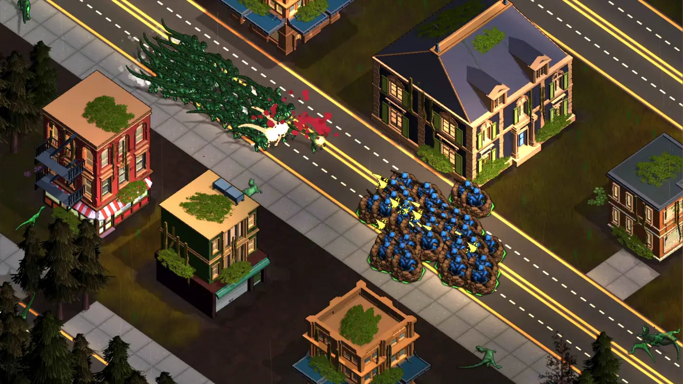 Night-time urban battle with tamed dinosaurs fighting hordes in a city