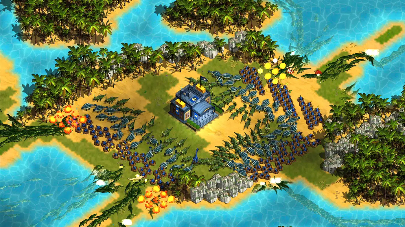 Sprawling island colony with fortified base and dinosaur army