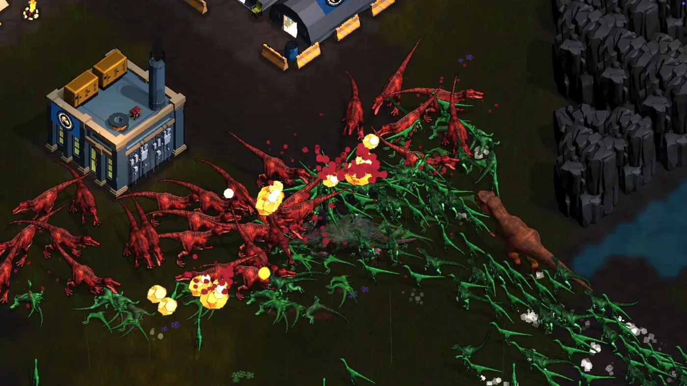 Rival factions of red and green dinosaurs battling near an industrial base