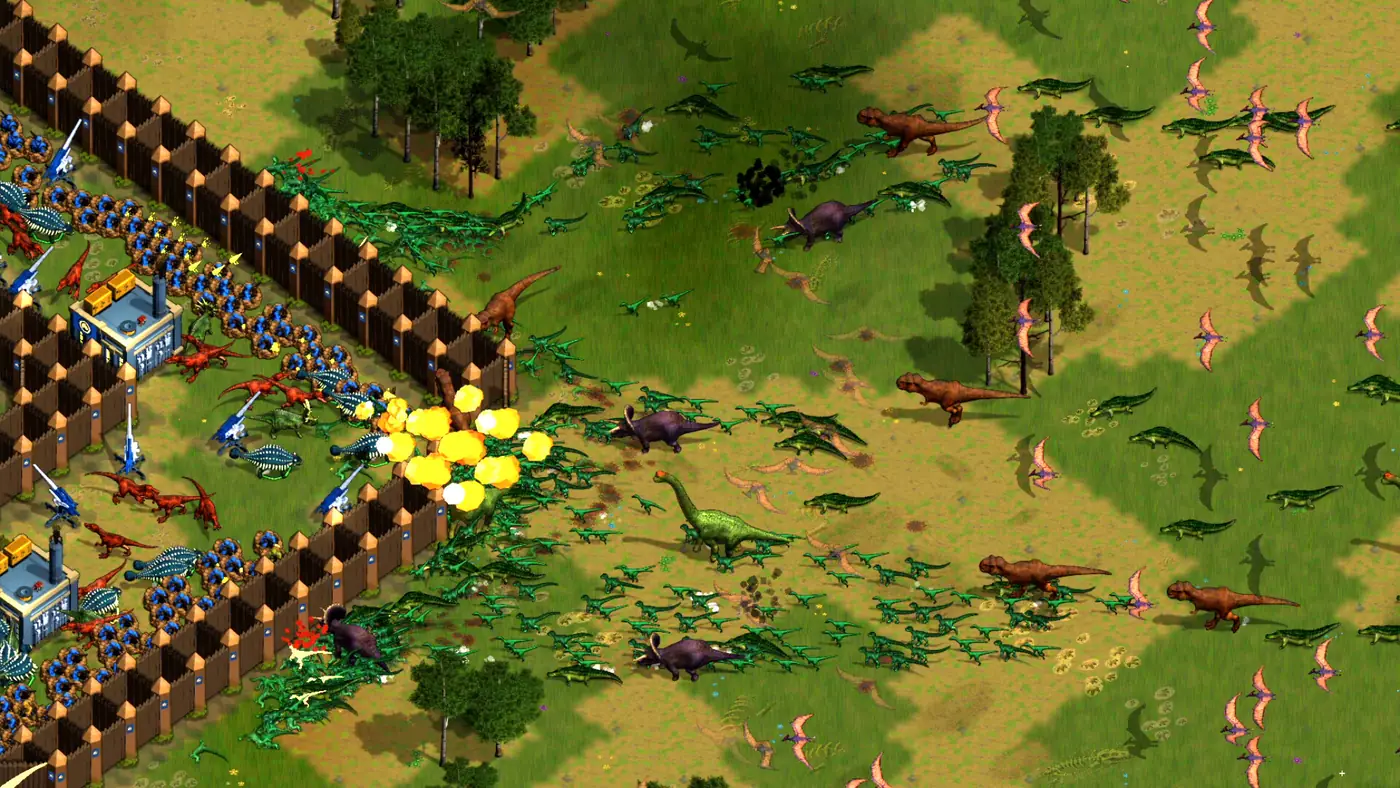 Massive dinosaur horde clashing with entrenched defences — click to play trailer